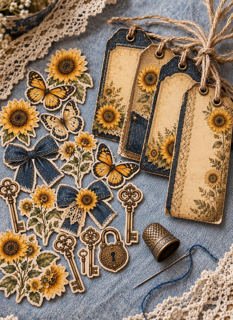 Sunflowwer Thread Denim and Sunflower Junk Journal Kit, Sunflowers Denim Vintage ...