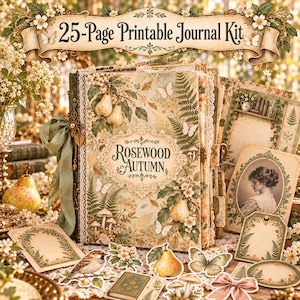 May include: A 25-page printable journal kit titled Rosewood Autumn featuring a book with a botanical cover, pears, butterflies, and ferns. The kit includes decorative paper sheets, a portrait card, tags, and cutouts of birds and mushrooms.
