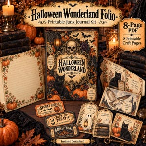 Könnte beinhalten: Ein druckbares Halloween Wonderland Junk-Journal-Set als 8-seitiges PDF. Das Set enthält ein zentrales Folio mit Totenkopf und schwarzer Katze, liniertes Briefpapier mit Kürbisbordüren, Vintage-Tickets sowie Anhänger mit Geister- und Eulenmotiven.