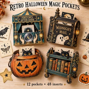 May include: Four decorative Halloween-themed storage pockets labeled Retro Halloween Magic Pockets. Includes a fortune teller booth, a Midnight Mail box, a pumpkin-shaped bowl with a black cat, and a book cart with a black cat, plus 48 inserts.