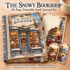 Può includere: Un kit per junk journal stampabile di 30 pagine intitolato The Snowy Bookshop. Il kit include una copertina per diario con una libreria innevata, un biglietto abbinato e due etichette regalo, decorate con scene invernali e gatti.