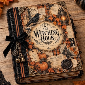 May include: A hardback book titled The Witching Hour with a black velvet bow, metal charms, and ornate corner protectors. The cover features a crow, a lantern, pumpkins, and autumn leaves on a plaid background with vintage-style text and graphics.