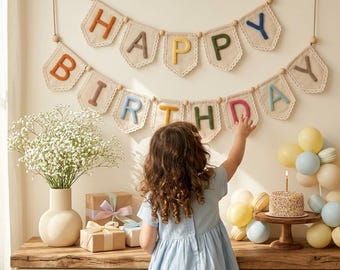 Personalized Happy Birthday Banner Garland, Fabric Pastel Nursery Decor, Baby Birthday Bunting