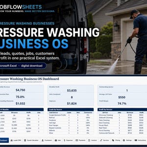 Op de afbeelding: Een digitaal Microsoft Excel-dashboard voor hogedrukreinigingsbedrijven genaamd Pressure Washing Business OS. Het toont financiële statistieken, opdrachtgegevens en een achtergrondafbeelding van iemand die een hogedrukreiniger gebruikt.