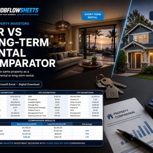May include: A digital spreadsheet tool for property investors titled Jobflow Sheets STR vs Long-Term Rental Comparator. The image displays a comparison table for short-term and long-term rentals, a house key, a calculator, and a property comparison document.