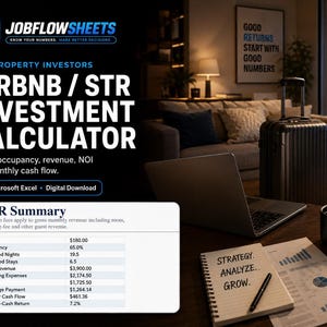 Peut inclure: Un téléchargement numérique pour un calculateur d'investissement Airbnb et STR par JobFlowSheets. Le graphique présente un tableau récapitulatif avec des indicateurs financiers comme l'ADR, l'occupation et le cash-flow, ainsi qu'un carnet avec le texte Strategy, Analyze, Grow.
