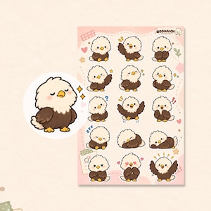 May include: A sticker sheet featuring fifteen illustrations of a cartoon bald eagle in various poses and expressions, with a larger circular cutout of one eagle on the left. The text "ODDHAICH STICKER SHEET" is printed in the top right corner.