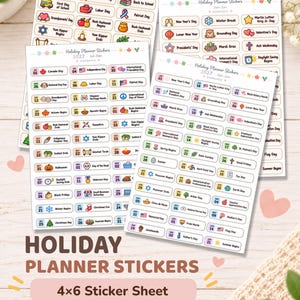 May include: Four sheets of Holiday Planner Stickers featuring colorful icons and text for various observances. Each rectangular sticker includes a date, a descriptive label, and a small graphic illustration representing holidays like New Year's Day, Halloween, and Christmas.