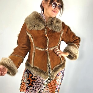 Vintage Brown Sheepskin Penny Lane Jacket, Patchwork Shearling Trim, 70s Boho Style XS/S