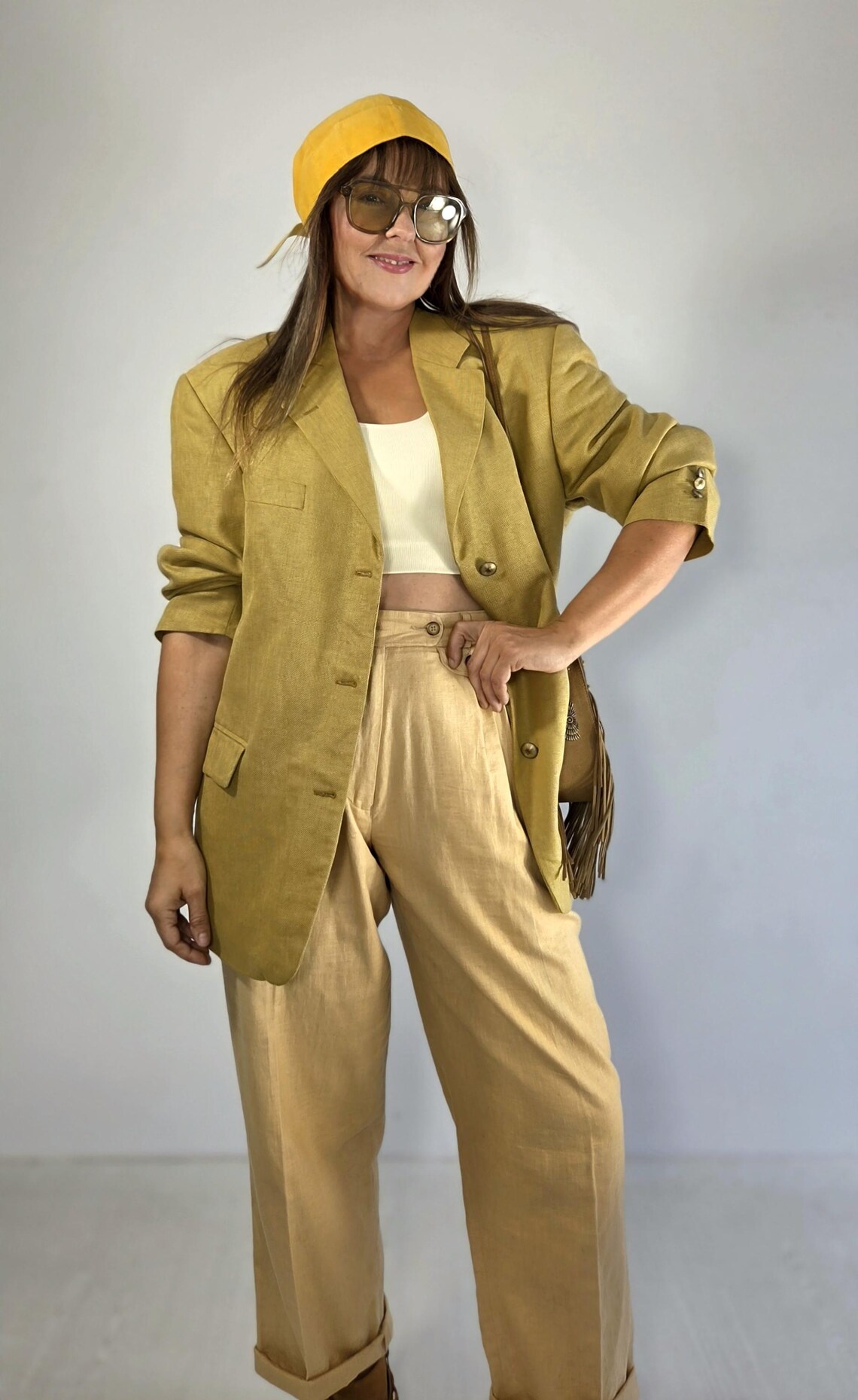 Vintage Yellow Wool Silk Blazer: Golden Olive Chartreuse, Oversized Minimalist Jacket (S/M), Foto 2 von 5