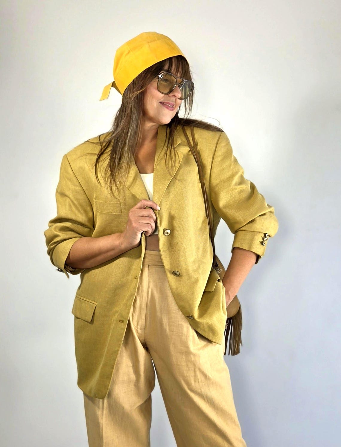 Vintage Yellow Wool Silk Blazer: Golden Olive Chartreuse, Oversized Minimalist Jacket (S/M), Foto 1 von 5