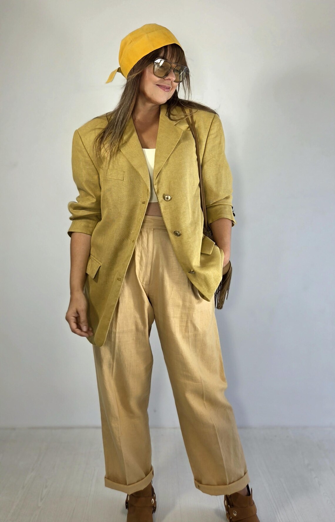 Vintage Yellow Wool Silk Blazer: Golden Olive Chartreuse, Oversized Minimalist Jacket (S/M), Foto 3 von 5