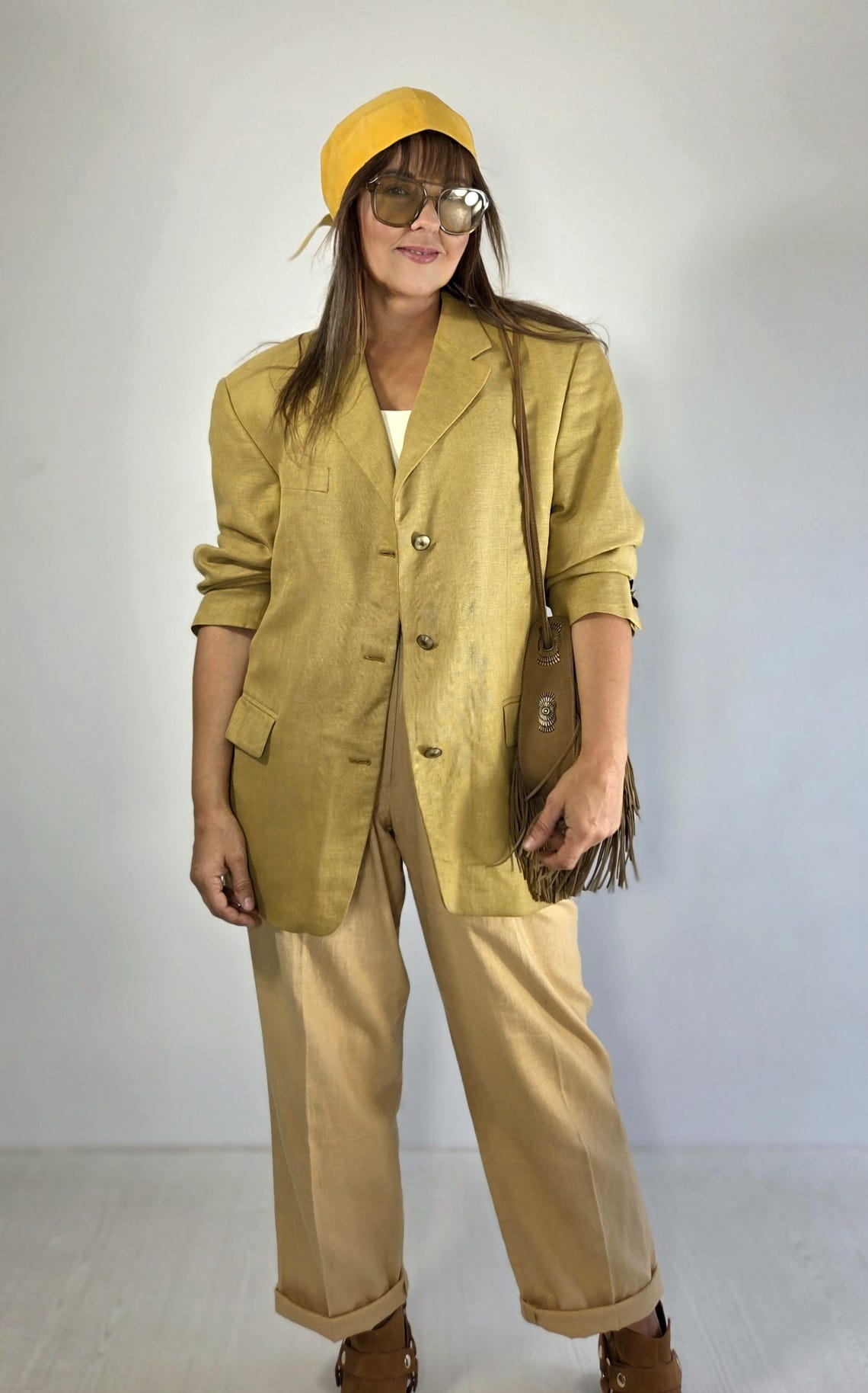 Vintage Yellow Wool Silk Blazer: Golden Olive Chartreuse, Oversized Minimalist Jacket (S/M), Foto 4 von 5