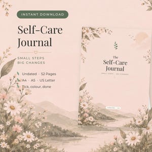 Könnte beinhalten: Eine digitale Vorlage für ein Self-Care Journal mit pfirsichfarbenem Hintergrund, Aquarell-Blumenillustrationen und einer Landschaft. Der Text lautet: Self-Care Journal, Small Steps Big Changes, Undated, 52 Pages, A4, A5, US Letter.