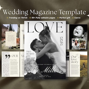 May include: A wedding magazine template featuring a black and white cover with the title LOVE, the text TWO HEARTS ONE LIFETIME, and The Millers. The layout includes multiple pages with photographs, handwritten-style text, and graphic elements.