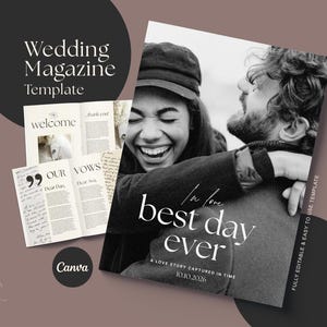 Op de afbeelding: Een trouwmagazine-sjabloon met een zwart-wit coverfoto van een omhelzend koppel met de tekst "In love best day ever" en "A love story captured in time 10.10.2026". Bevat lay-outs voor binnenpagina's met de teksten "welcome" en "our vows".
