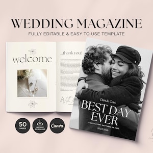 Op de afbeelding: Een trouwmagazine-sjabloon met een zwart-wit voorpaginafoto van een omhelzend koppel met de tekst BEST DAY EVER, DAN & CATE, en 10.10.2026. De open binnenpagina toont het woord welcome, florale lijntekeningen en een fotokader.