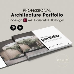 Peut inclure: Un modèle de portfolio d'architecture professionnel au format A4 horizontal de 80 pages. La couverture présente le texte "ARCHITECTURE portfolio" et une photographie d'arbre. Le design inclut la marque Indesign et des icônes de contact.