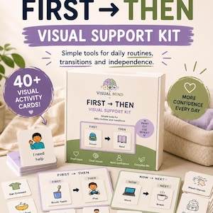 Puede incluir: Un kit de apoyo visual First-Then de The Visual Mind, que incluye una caja blanca, pilas de tarjetas de actividades con ilustraciones y textos como 'I need help', 'Get Dressed' y 'Wash Hands', además de tableros con secuencias.