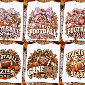 Puede incluir: Seis camisetas blancas con estampados gráficos de temática otoñal. Los diseños incluyen balones de fútbol americano, calabazas, hojas de otoño y lazos con textos como Football Season, Football Girl, Fall, Game Day y Touchdown Season en varios colores.