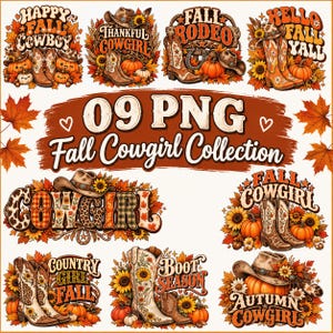 Könnte beinhalten: Eine digitale Sammlung von neun herbstlichen Grafiken mit Cowboystiefeln, Hüten, Kürbissen und Sonnenblumen. Der Text umfasst Happy Fall Cowboy, Thankful Cowgirl, Fall Rodeo, Hello Fall Yall, Cowgirl, Fall Cowgirl, Country Girl Fall, Boot Season und Autumn Cowgirl.