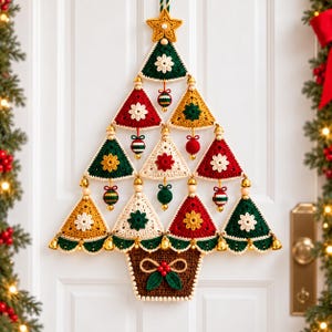 May include: A wall hanging shaped like a Christmas tree, constructed from triangular crochet panels in red, dark green, mustard yellow, and cream. The piece features small crocheted ornaments, wooden beads, gold bells, and a brown base with a bow.