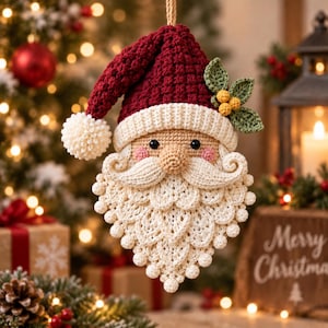 Virkmönster för rustik skäggig jultomtehängare | PDF Amigurumi juldekorationshandledning | Mönster för väggbonad med jultomteansikte i lantlig stil