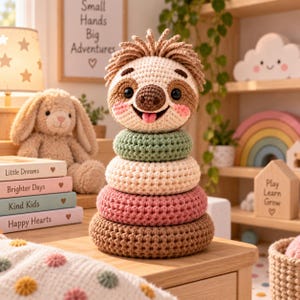 May include: A crochet stacking toy featuring a sloth head topper with a brown nose and pink cheeks, resting on four stacked rings in sage green, cream, dusty rose, and brown. The sloth has a textured, spiky yarn hairstyle and a small pink tongue.