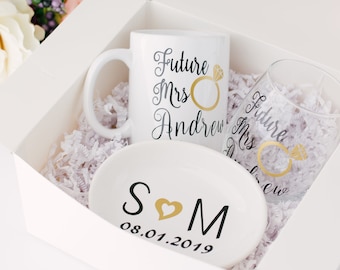 Personalized Engagement Gift Box: Future Mrs. Wine Glass, Mug & Ring Dish