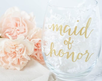 Matron of Honor Stemless Wine Glass - Maid of Honor Gift - Bridesmaids Gift - Wedding Party Wine Glass - Gift for Matron of Honor