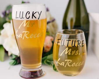 One Lucky Mr and Future Mrs Wine glass Funny Engagement Wine for Couple - Newly engaged Personalized Gift Basket  - Engagement Gift - Gift