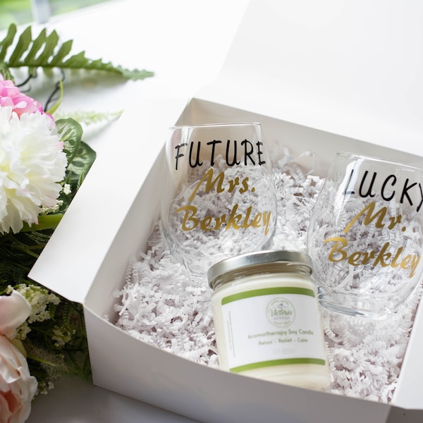 Personalized Engagement Gift Set: Future Mrs and Lucky Mrs Customized Wine Glasses