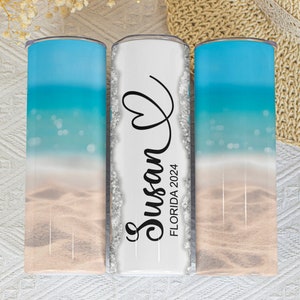 Girls Vacation Tumbler, Personalized Beach Tumbler, Custom Name 20 ounce Skinny Tumbler, Family Summer Ready Drinkware, Beach Lover Gift