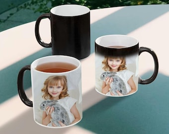 Heat Activated Photo Mug, Color Changing Mug, Magic Mug, Custom Text Personalized Microwave Safe Mug,  Surprise Gift, Black and White Mug