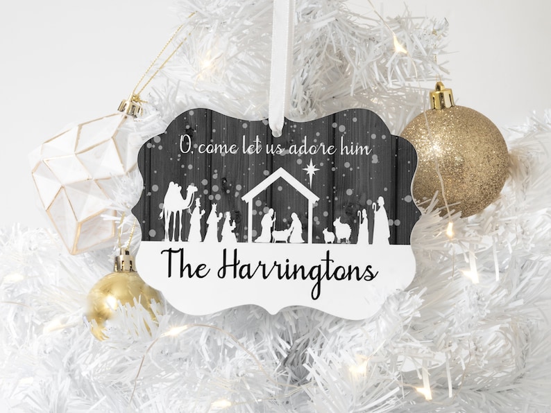 Nativity Christmas Ornament Personalized O Come Let Us Adore Him Religious Ornament - 