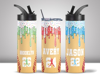 Personalized Baseball Sport water Bottle, Ice Cream Drip Drinkware, Custom Drippy 20oz Stainless Steel Travel Tumbler with Players Name