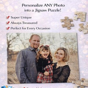 May include: A personalized jigsaw puzzle featuring a family portrait. The puzzle is made up of several pieces, with the image of a smiling family. Text on the image reads "No Idea What to Get? This Is It". A gift box is also shown.