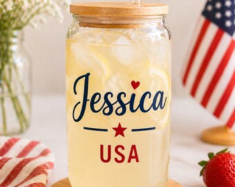 Personalized 4th of July Glass Cup, Custom Name Tumbler, Patriotic Iced Coffee Cup, Summer Gift for Her, USA Flag Red White Blue Drinkware