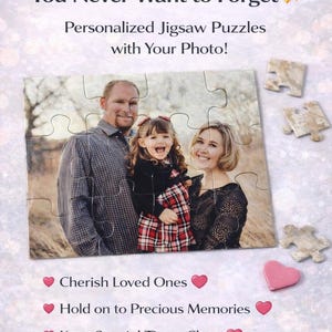 May include: A personalized jigsaw puzzle featuring a family portrait. The puzzle is surrounded by loose pieces, a gift box, and hearts. Text reads "For the Moments You Never Want to Forget" and "Personalized Jigsaw Puzzles with Your Photo!"