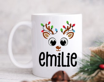 Personalized Reindeer Christmas Kids Hot Chocolate Mug – Custom Name Cup with Holiday Lights – Cute Cocoa Cup for Kids, Family and Friends