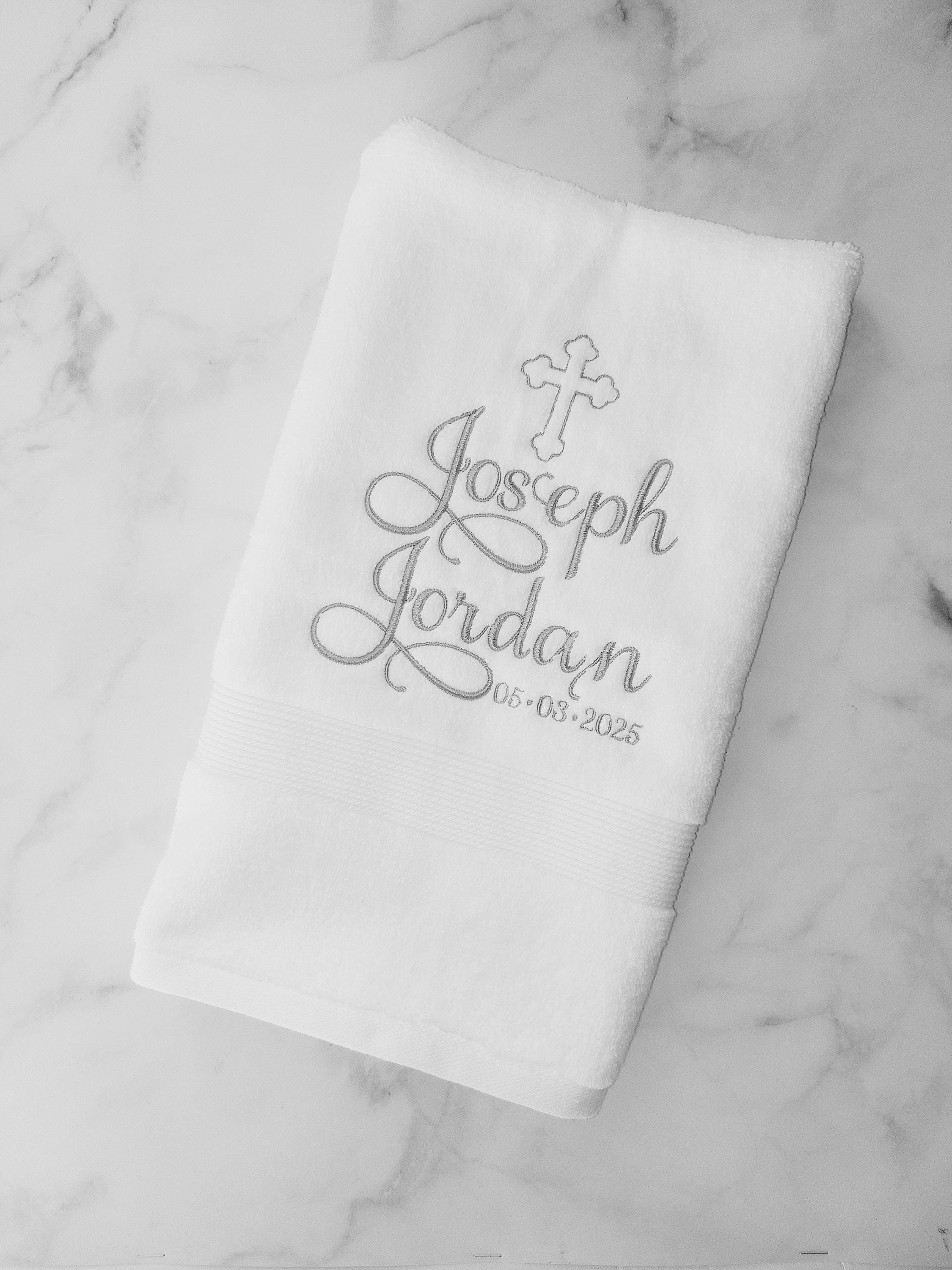 Personalized Baptism Hand Towel with Cross, Custom Name & Date – Embroidered White Towel for Christening, Dedication, First Communion Gift