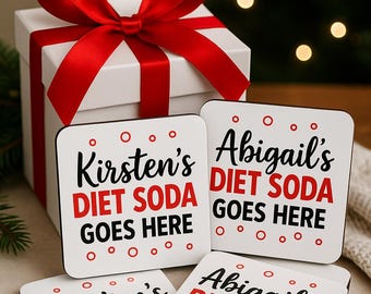 Personalized Diet Soda Coaster with Bubbles: Custom Drink Coaster, Funny Christmas Gift for friends, Holiday present for Sister