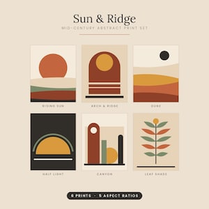 Könnte beinhalten: Ein Set aus sechs abstrakten Kunstdrucken mit dem Titel Sun & Ridge, die geometrische Formen und Erdtöne zeigen. Die Drucke umfassen Rising Sun, Arch & Ridge, Dune, Half Light, Canyon und Leaf Shade. Die Sammlung besteht aus 6 Drucken und 5 Seitenverhältnissen.