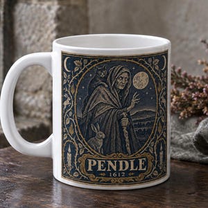 May include: A white ceramic mug featuring a dark blue and gold illustration of a cloaked figure with a cat on their shoulder and a rabbit at their feet. The design includes a full moon, stars, and the text PENDLE 1612 in a decorative frame.
