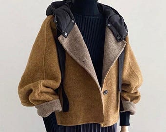 Cozy 100% Wool Hooded Jacket | Two-Tone Design | Detachable Hood | Oversized Wool Coat | Nora