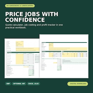 Op de afbeelding: Een digitaal werkboek voor Britse hoveniers en tuinarchitecten genaamd Price Jobs With Confidence. Het bevat een offertecalculator, kostencalculatie en winsttracker in Excel .xlsx-formaat, voorzien van diverse tabellen voor berekeningen.