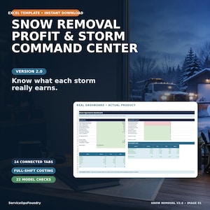 May include: An Excel template titled Snow Removal Profit & Storm Command Center Version 2.0. The dashboard displays Snow Operations data, including KPIs, engagement alerts, and property views with 24 connected tabs, full-shift costing, and 22 model checks.