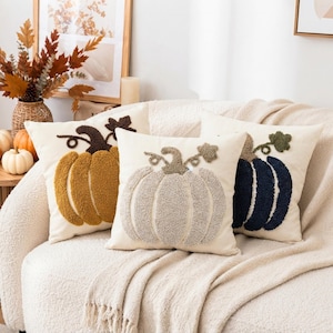 Punch Needle Pumpkin Pillow Cover, Textured Fall Harvest Decor (18x18 inches)