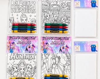 May include: Four clear plastic party favor bags containing coloring pages and four crayons each. The header cards feature the text Happy Birthday Jaylee and Huntrix. Two additional bags contain blank white cards with Thank You For Coming text.