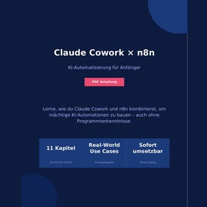 Könnte beinhalten: Eine dunkelblaue digitale Grafik mit dem Titel Claude Cowork x n8n, dem Untertitel KI-Automatisierung für Anfänger und einem rosa PDF Anleitung Button. Sie enthält Text über den Aufbau von KI-Automatisierungen, 11 Kapitel, Praxisbeispiele und sofortige Umsetzbarkeit, mit einem rosa und violetten horizontalen Balken am unteren Rand.